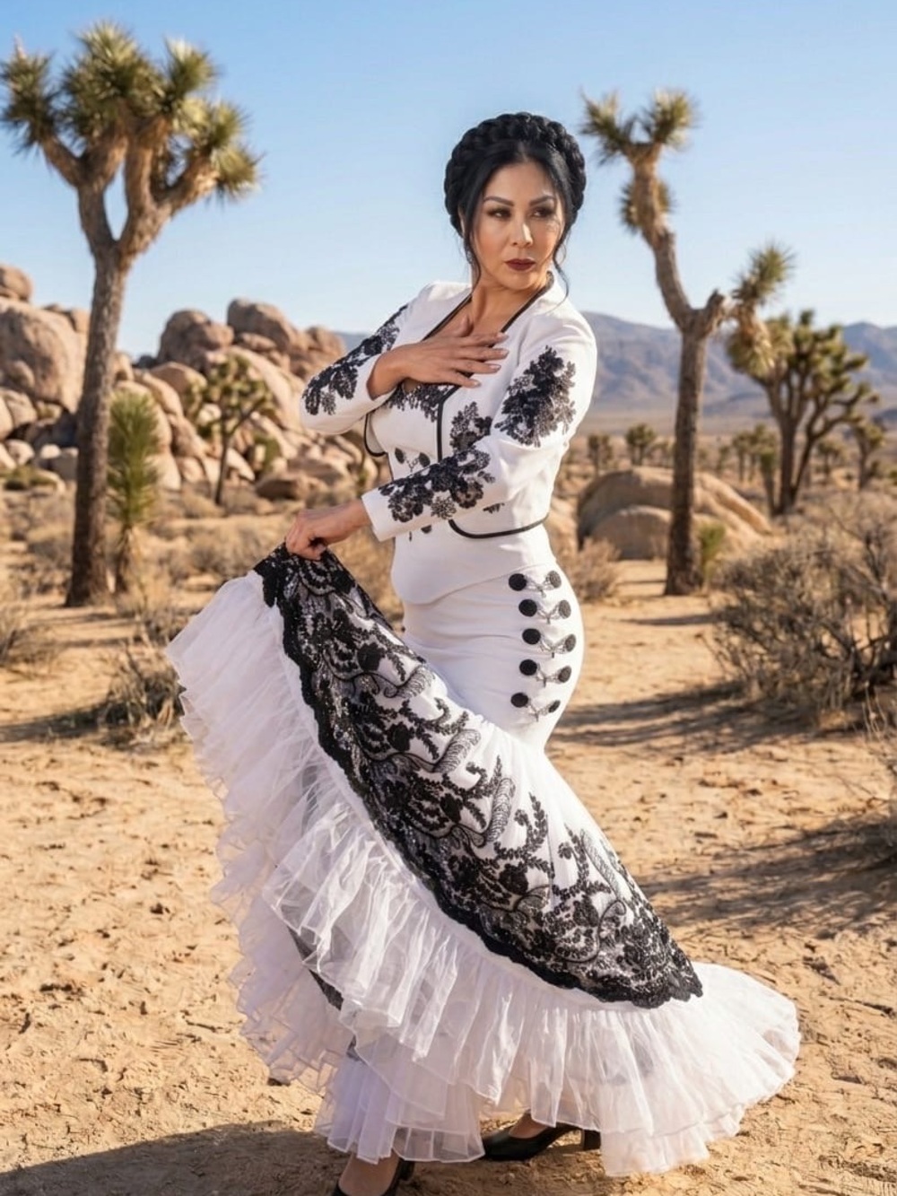 Elegant White & Black Embroidered Flamenco-Style Dress